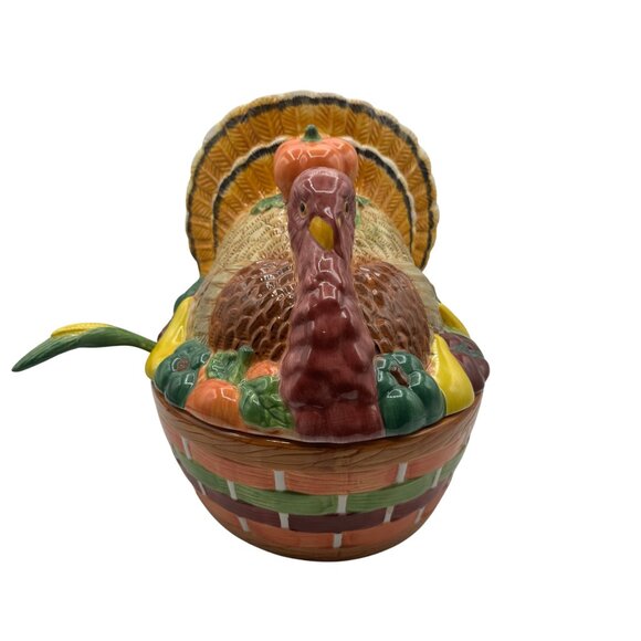 Handpainted Ceramic Turkey Basket Soup Tureen with Spoon - Picture 1 of 9